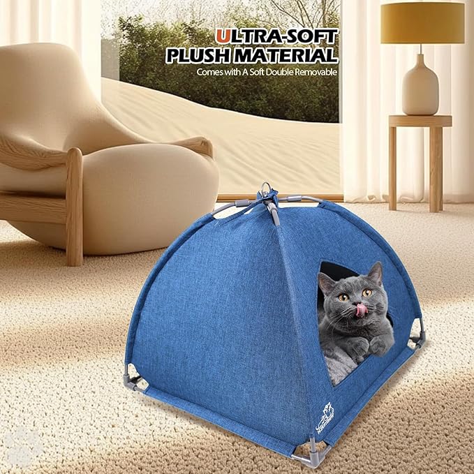 Winsterch Cat Bed Cave for Indoor Cats,Small Pet Tent Cave for Cats Kitten Small Dogs,Warming Cat House with Removable Washable Cushion (18.5'' x 18.5'' x 15.8'',Blue)