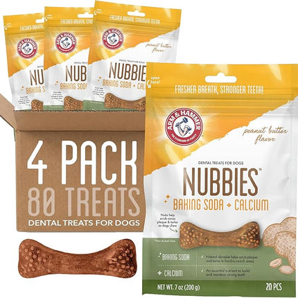 Arm & Hammer for Pets Nubbies Dental Treats for Dogs with Baking Soda and Calcium, Treat Chews Help Fight Bad Breath, Plaque & Tartar without Brushing, Peanut Butter, 20 Pcs, 4pk (Packaging may vary)