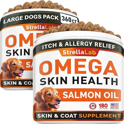 StrellaLab Omega 3 for Dogs - (360Ct) Fish Oil Treats - Allergy & Itch Relief Skin & Coat Supplement - Dry Itchy Skin, Anti Shedding & Hot Spots Treatment - Pet Salmon Oil Chews - Salmon Flavor