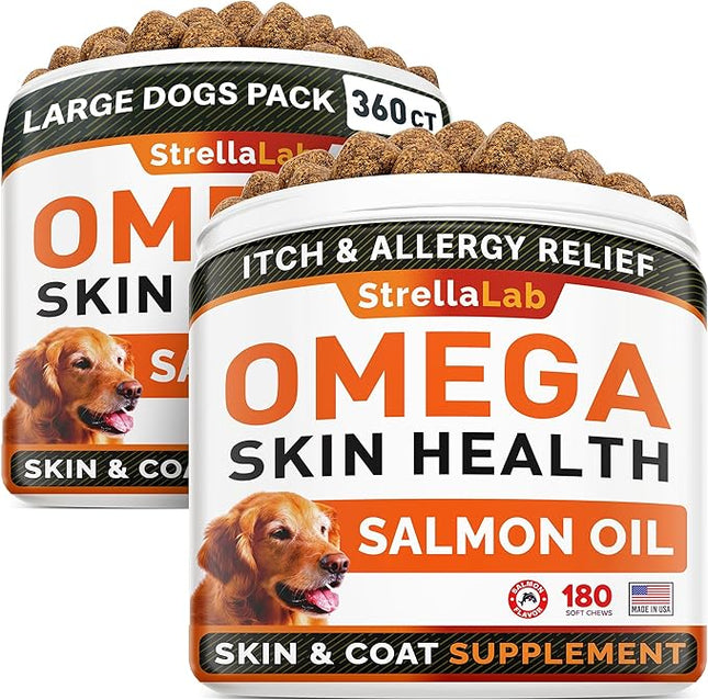 StrellaLab Omega 3 for Dogs - (360Ct) Fish Oil Treats - Allergy & Itch Relief Skin & Coat Supplement - Dry Itchy Skin, Anti Shedding & Hot Spots Treatment - Pet Salmon Oil Chews - Salmon Flavor