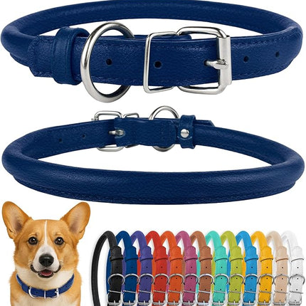 CollarDirect Rolled Leather Dog Collar, Soft Padded Round Puppy Collar, Handmade Genuine Leather Collar Dog Small Large Cat Collars 13 Colors (11-14 Inch, Deep Blue Textured)