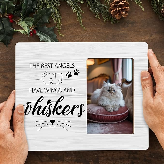 Cat Memorial Gifts for Loss of Cats Sympathy Picture Frame, The Best Angels Have Wings and Whiskers Frames Fits 4x6 Photo