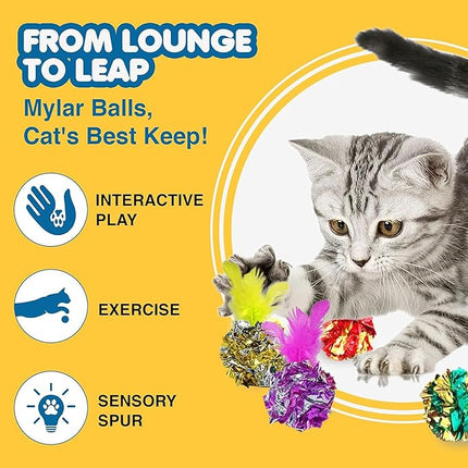 SunGrow Mylar Crinkle Balls with Feathers, 2.5-Inches, Shiny Stress Buster Crinkler, Suitable for Multiple Cats' Engagement, Ideal for Kittens and Grown-ups, 20-Pcs