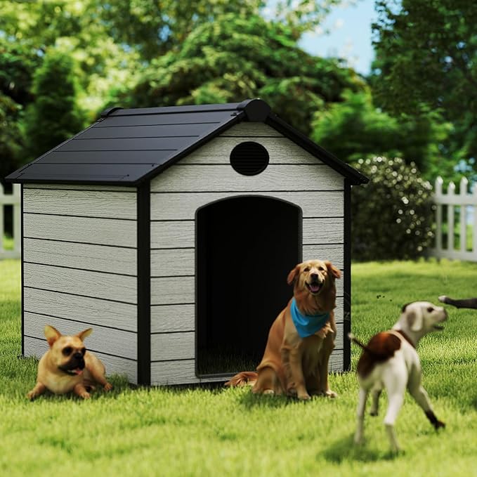 57" Extra Large Dog House Outdoor Weatherproof, 5XL Big Dog House for 3 Large Dogs Outside, Insulated Igloo Pet House with Elevated Floor, Extra Durable Resin Plastic, 57Lx47Wx50H, Cemented Grey