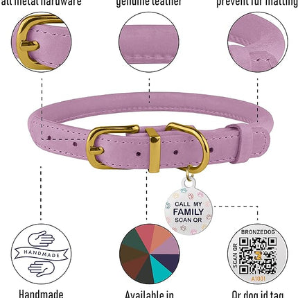 BronzeDog Rolled Leather Dog Collar with QR ID Tag, Adjustable Soft Round Collars for Small Medium Large Dogs Puppy (9" - 11" Neck Size, Lavender)