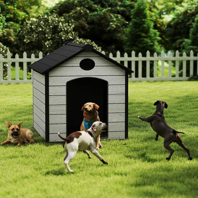 57" Extra Large Dog House Outdoor Weatherproof, 5XL Big Dog House for 3 Large Dogs Outside, Insulated Igloo Pet House with Elevated Floor, Extra Durable Resin Plastic, 57Lx47Wx50H, Cemented Grey