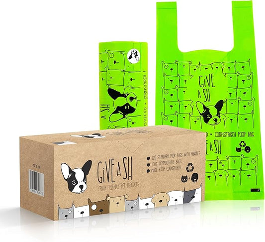Certified Home Compostable Dog Poop Bags with Handles - 10% to Charity - ASTM D6400 & EN 13432 Compliant - 120 x Large Plant Based Compostable Poop Bags (1 Pantry Roll)