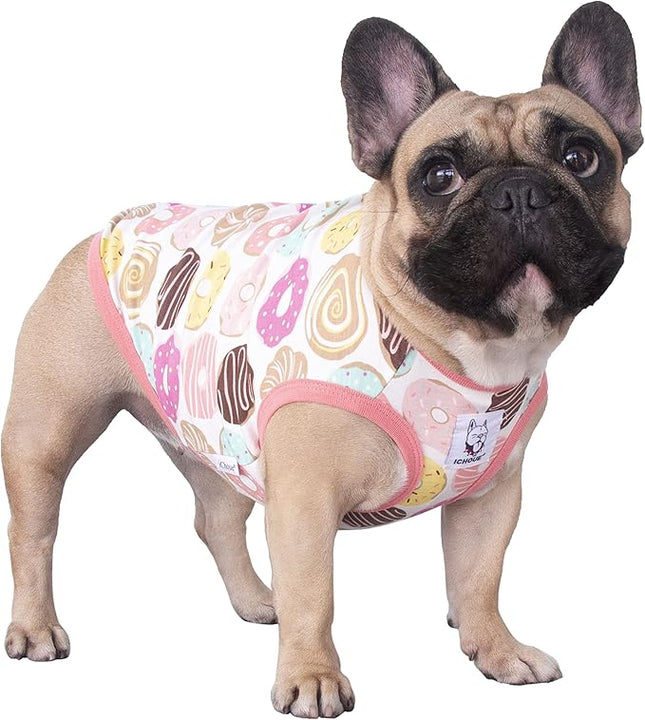 iChoue 2pcs French Bulldog Fruits Pattern Shirts 100% Breathable Cotton Tank Tops Vests Clothes for Frenchie Dogs, Donuts and Strawberry, Medium