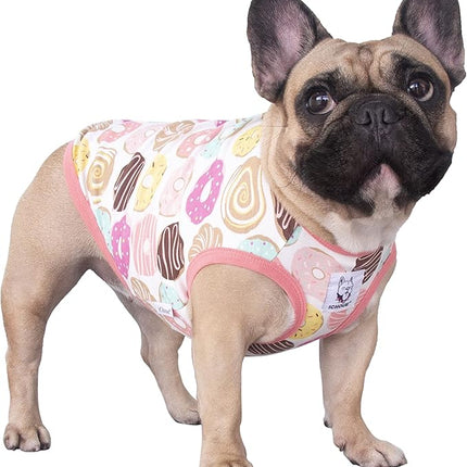 iChoue 2pcs French Bulldog Fruits Pattern Shirts 100% Breathable Cotton Tank Tops Vests Clothes for Frenchie Dogs, Donuts and Strawberry, Large