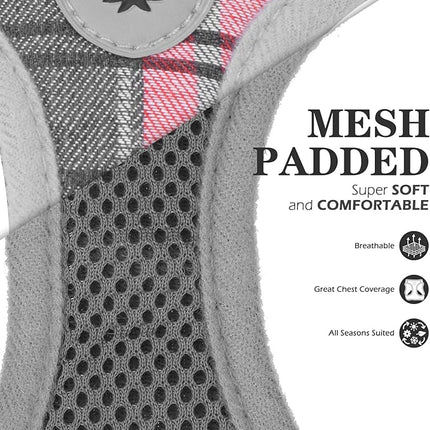 EXPAWLORER Classic Plaid Puppy Harness - Dog Collar and Leash - Soft Mesh Padded Adjustable Step in Small Dog Vest Harness No Pull, Reflective Escape Proof for Outdoor Walking, Grey Small