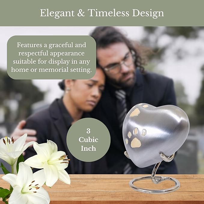 NORSE'S TRADECRAFT Pet Memorial Urn for Ashes| Heart Urn with Paw Engraved Design | Handcrafted Memorial Gifts | Pet Loss Sympathy Gift |Ashes Keepsake with Velvet Box and Stand | Silver - 3 cu in
