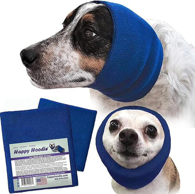 Happy Hoodie The Original Dog & Cat Calming Band - American Brand - Anxiety Relief/Noise Protection-Grooming-Thunder-Fireworks 2 Pack Blue (1 Small, 1 Large) - Since 2008