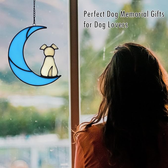 Stained Glass Dog Memorial Gifts for Dog Lovers, Yellow Dog Decor on Blue Moon Window Hanging Suncatcher, Loss of Dog Sympathy Gift, Pet Loss Remembrance Gift in Memory of Dog