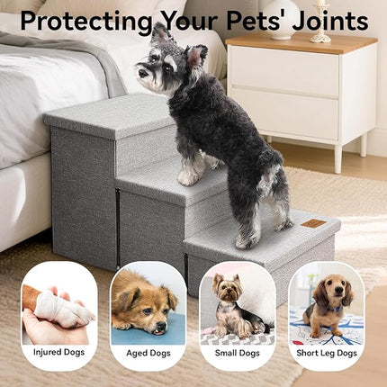 Wider Dog Stairs with Storage 18" H, 3-Step Sturdy Dog Steps for Large/Medium/Small Older Senior Dogs Cats, Folding Pet Stairs Climbing Bed or Couch, Arthritis-Friendly (Gray, No Condo)