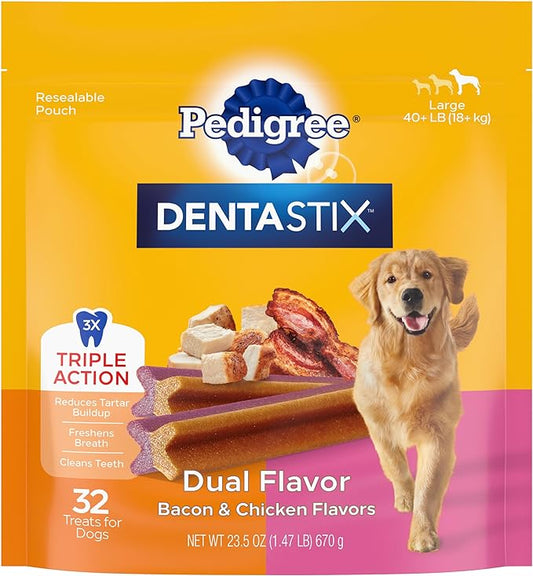 Pedigree Dentastix Dual Flavor Large Breed Dog Treats, Bacon & Chicken, 1.47 lb. Bag (32 Treats)