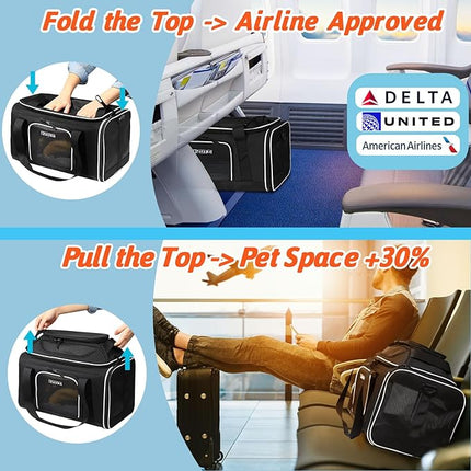 Petskd Top-Expandable Pet Carrier 18x11x11 Inches Delta American United Airline Approved, Soft-Sided Carrier for Small Cats and Dogs with Locking Safety Zippers and Anti-Scratch Mesh(Black)