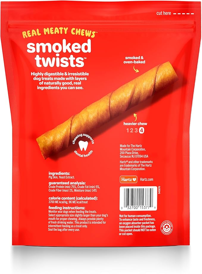 Hartz Oinkies Smoked Twists with Naturally Smoked Pork Rawhide-Free Dog Treats, Highly Digestible Long Lasting Dog Chews, 20 count