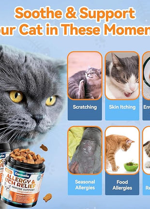 Cat Allergy Relief Chews 200 pcs - Cat Itchy Skin & Paw Licking Relief - Omega 3 & Probiotic for Cats - Anti-Itch Relief for Skin & Coat Health, Immune Support, Seasonal Allergies - Chicken Flavor
