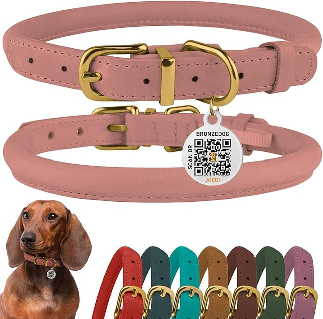 BronzeDog Rolled Leather Dog Collar with QR ID Tag, Adjustable Soft Round Collars for Small Medium Large Dogs Puppy (9" - 11" Neck Size, Blush)