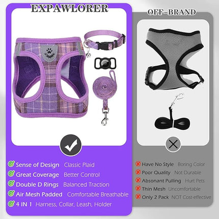 EXPAWLORER Classic Plaid Puppy Harness - Small Dog Harness and Leash Set - Dog Collar and Leash Set with AirTag Holder, Soft Padded Step in Dog Vest Harness No Pull Reflective for Outdoor, Purple XXS