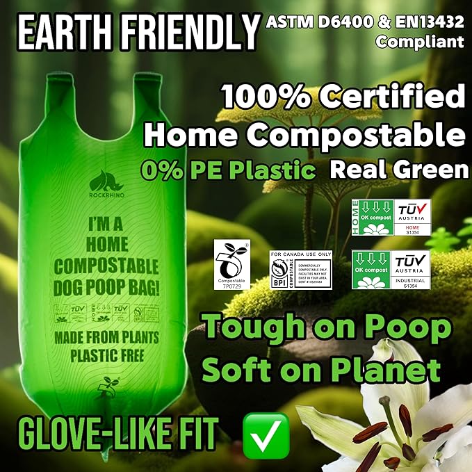 Ultra Thick & Deep RockRhino Dog Poop Bags for Large & XL Breeds | 4-Layer Interlocking Bottom | 100% Home Compostable, 0% Plastic | Vanilla-Scented | 60 Bags, Easy Open Tie Handles, Not for Scooper