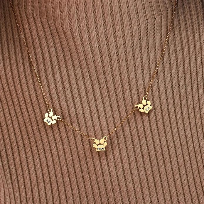 Customized Paw Print Necklace Personalized Pet Name Necklace Custom Engraved Dog Cat Paw Pendant Necklace Pet Memorial Gift for Pet Lovers