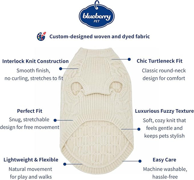 Blueberry Pet Classic Fuzzy Textured Knit Pullover Crew-Neck Dog Sweater in Ivory, Back Length 18", Pack of 1 Clothes for Dogs