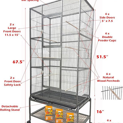 Extra Large 32" x 19" x 67.5"H Wrought Iron Tight Bar Spacing Breeding Flight Canary Parakeet Cockatiel Lovebird Finch Breeder Cage Side Doors Double Feeder Cup with Detachable Rolling Stand
