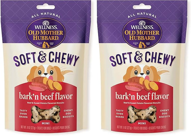 Old Mother Hubbard Wellness Soft & Chewy Bark'n Beef Dog Biscuits, Natural, Training Treats, Beef & Sweet Potato Flavor, Mini Size, (8 Ounce Bag) (Pack of 2)