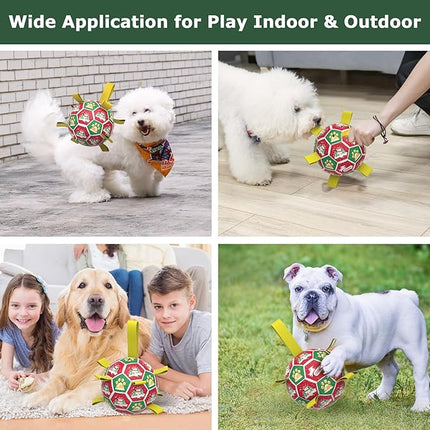 QDAN Christmas Dog Toys: Dog Soccer Ball with Straps for Outdoor Play, Tug of War, Puppy Gifts Durable 8-Inch Dog Balls for Medium Large Dogs