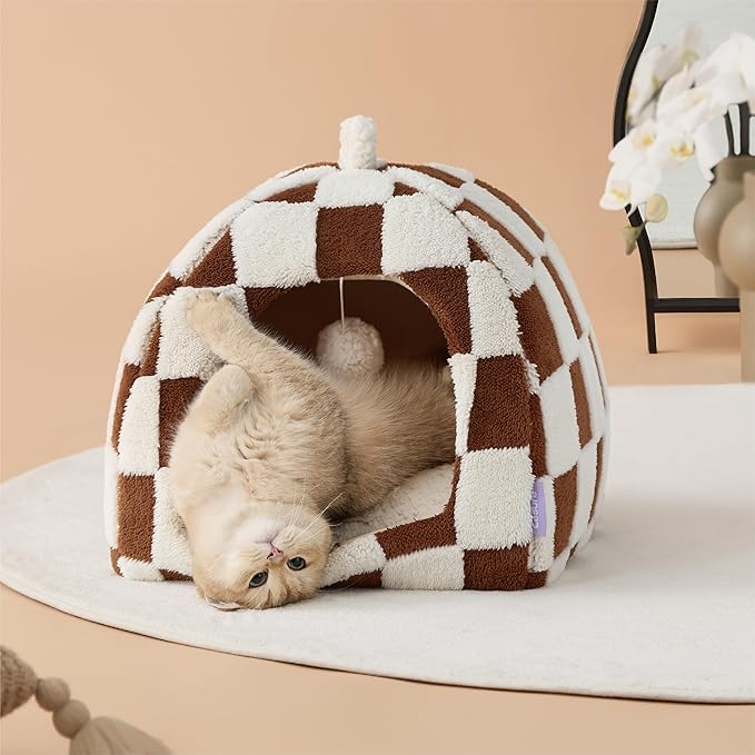 Lesure Cute Cat Beds for Indoor Cats - 2 in 1 Cat Cave Bed for Large Cats, House with Removable Washable Cushioned Pillow, Cozy Tent House with Non-Slip Bottom, Brown, 17.3 inches