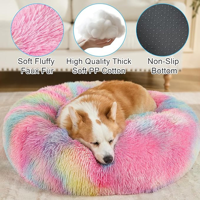 Dog Calming Beds for Small Medium Large Dogs - Round Donut Washable Puppy Dog Bed, Anti-Slip Faux Fur Fluffy Donut Cuddle Anxiety Cat Pet Bed(28'' Color)