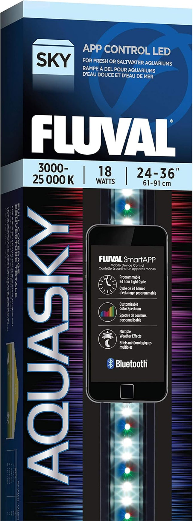 Fluval Aquasky 2.0 Bluetooth LED Aquarium Light – 18W, 24–36" | RGB + 6500K White | App Controlled with Weather & 24-Hour Light Cycle | IP67 Waterproof | Wide 120 Degree Light Spread