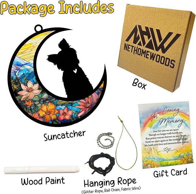 Yorkshire Terrier Memorial Suncatcher, Personalized Dog Loss Gift with Name & Date, Rainbow Bridge Remembrance for Yorkie Dog Lover, Sympathy Pet Bereavement Gifts, Hanging Window Decor