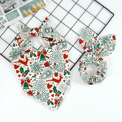 E-Clover Christmas Dog Bandanas & Matching Scrunchie Set White Green Red Dog Scarf Bibs Pet Bandana with Bow Tie for Small Dogs Puppy Owner Mom Winter
