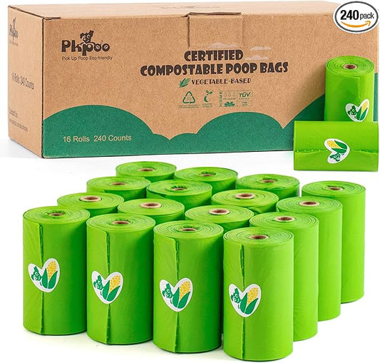 Pkpoo 100% Compostable Dog Poop Bags, Extra Wide, Vegetable-Based Large Poop Bags for Dogs, Biodegradable Waste Bags for Poo, Cat Litter, Diaper Sacks, Unscented, 240 Counts