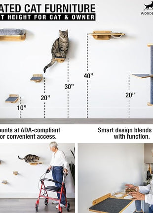 Cat Wall Shelves – Cat Wall Climber with Scratching Post, Removable Bed, Climbing Steps, and Feeding Terrace with Glass Bowls, Waterproof Rubberwood Pet Furniture