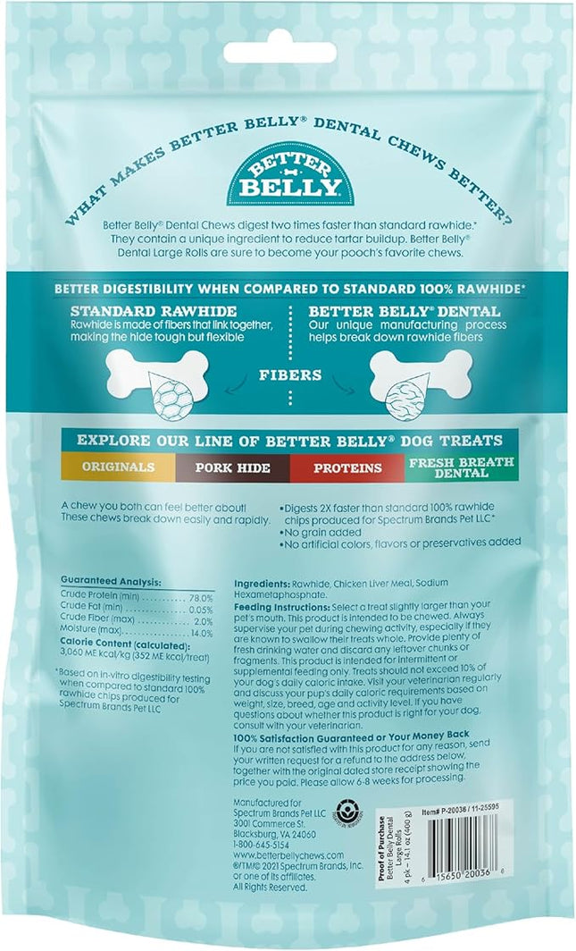 Better Belly Highly Digestible Rawhide Dental Chews, Treat Your Dog to a Chew with NO Artificial Colors or Flavors 4 Count (Pack of 1)