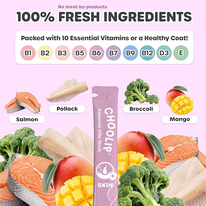 Squeeze Vita Stick Lickable Cat and Dog Treats – 7-Count Skin and Coat Support Sticks with Multivitamins, Soft Squeezable Paste for All Life Stages, Supporting Skin and Coat Health