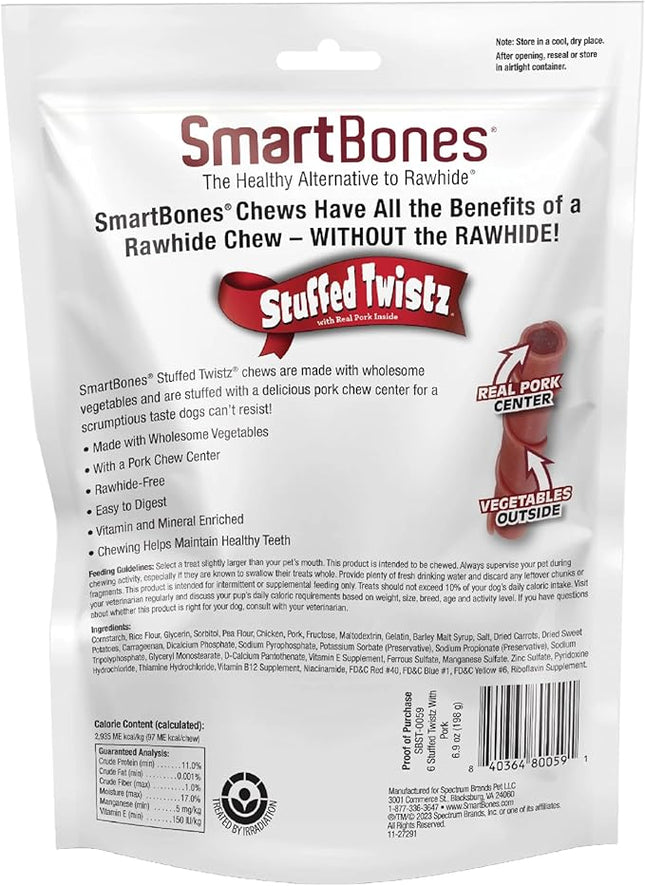 SmartBones Stuffed Twist Sticks with Pork, 6 Count, 6.9 Ounces, Rawhide-Free Chews for Dogs Made with Real Chicken and Real Pork