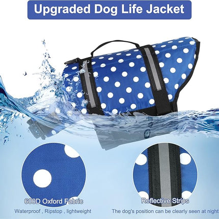 HAOCOO Dog Life Jacket Vest Saver Safety Swimsuit Preserver with Reflective Stripes/Adjustable Belt Dogs?Blue Polka Dot,XXS