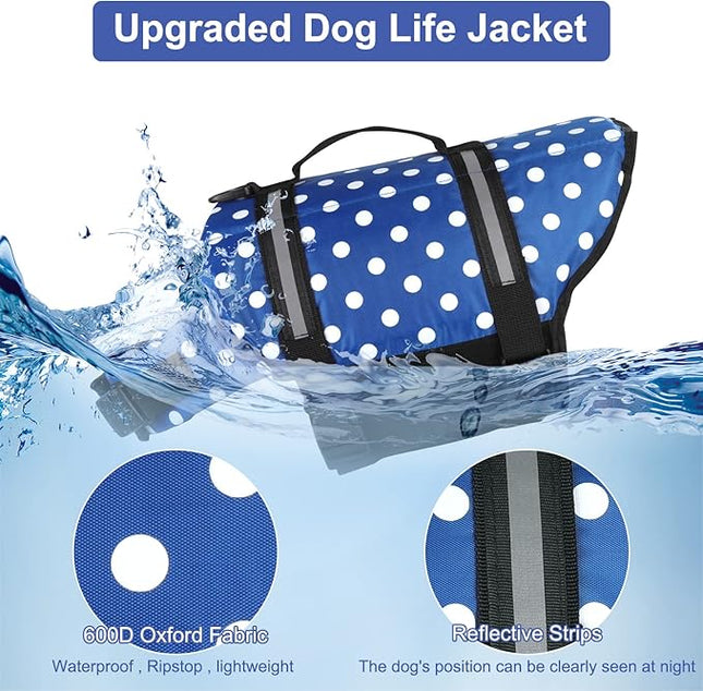 HAOCOO Dog Life Jacket Vest Saver Safety Swimsuit Preserver with Reflective Stripes/Adjustable Belt Dogs?Blue Polka Dot,XXS