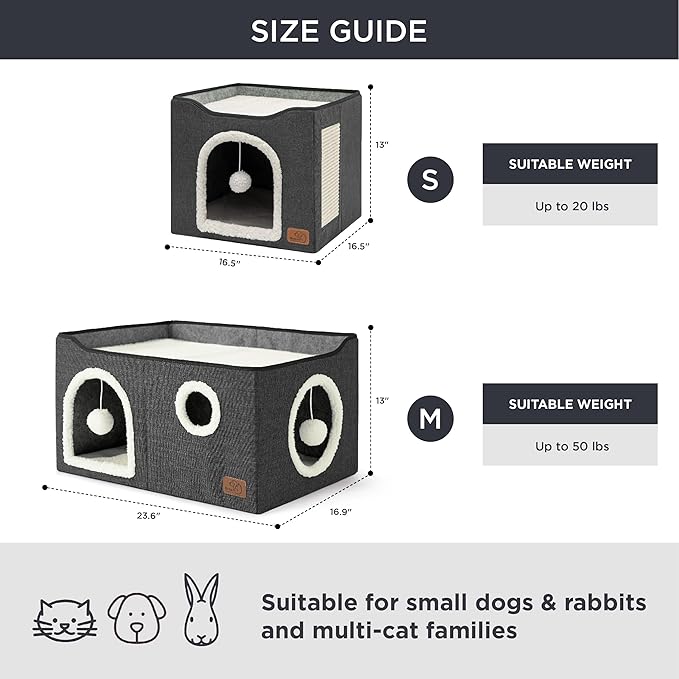 Bedsure Large Cat Beds for Indoor Cats - Extra Wide Cat Cube House for Small Pet with Fluffy Ball Hanging and Scratch Pad, Foldable Pet Cave Hideaway for Multiple Cats, 23.6x16.9x13 inches, Dark Grey