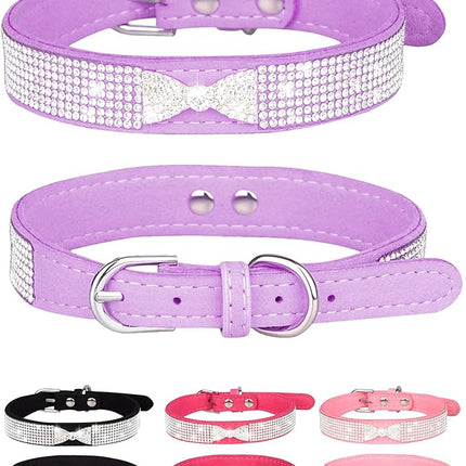 Dog Collar for Small Dogs, Adjustable Leather Suede Bling Dog Collars，Pink Dog Collar Cat Collar, Rhinestone Dog Collar (L, purple4)
