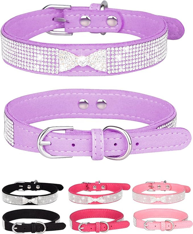 Dog Collar for Small Dogs, Adjustable Leather Suede Bling Dog Collars，Pink Dog Collar Cat Collar, Rhinestone Dog Collar (L, purple4)