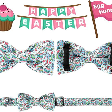 Easter Dog Collar With Bow Tie, Eggs Bowtie With Safety Metal Buckle, Cute Boy Girl Bunny Collar for Small Medium Dogs, M