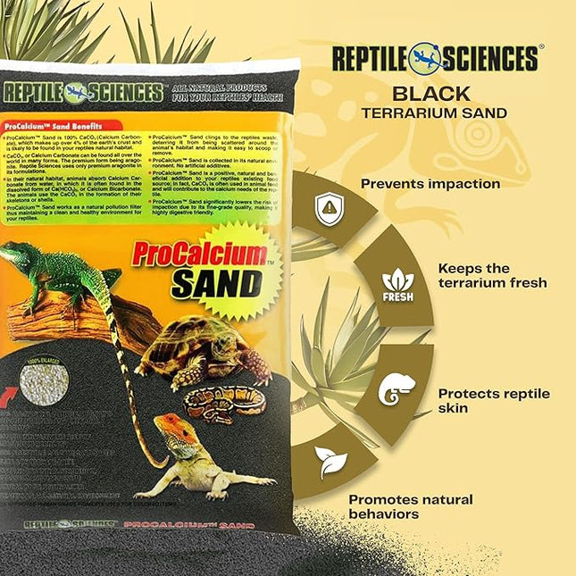 Black Pro-Calcium Terrarium Sand - 10 lbs - Natural Substrate for Reptile Habitats & Aquariums, Silica-Free & Mineral-Rich