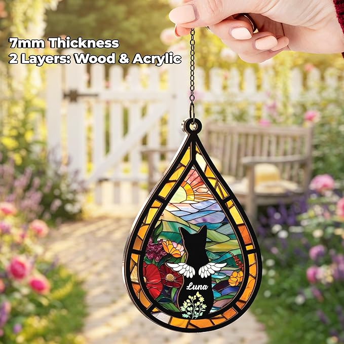 Personalized Angel Cat Memorial Suncatcher, Dog Cat Suncatcher Remembrance Gift, Engraved Pet Memorial Ornament, Pet Sympathy Keychain, Loss of Animal Sympathy Card, Rainbow Bridge Pet Loss Gift