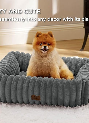 Bedsure Cute Dog Bed for Small Medium Dogs - Washable Furry Puppy Beds, Rectangle Orthopedic Corduroy Fleece Pet Beds with Removable Zipper Cover, 25x21x7inches, Warm Grey