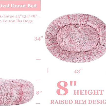 Coohom Oval Calming Donut Cuddler Dog Bed,Shag Faux Fur Cat Bed Washable Round Pillow Pet Bed(30"/36"/43") for Small Medium Dogs (XXL(43"x34"x8"), Red)